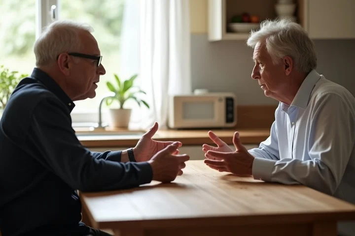 Two middle-aged adults sit across a kitchen table after a minor misunderstanding