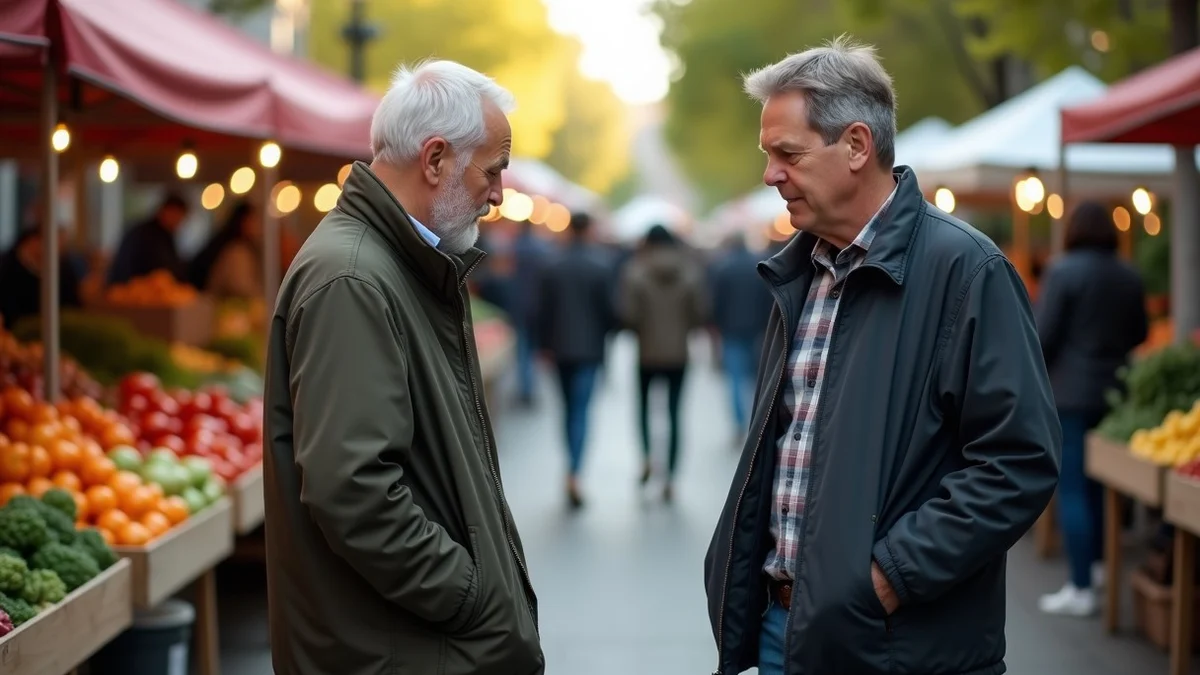 Two middle-aged American adults meet at a neighborhood farmers market after arranging a date