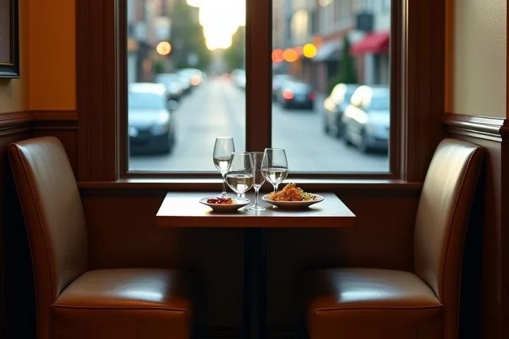 A softly lit neighborhood restaurant corner presents two separate chairs facing a small shared table with water glasses and an unfamiliar dish