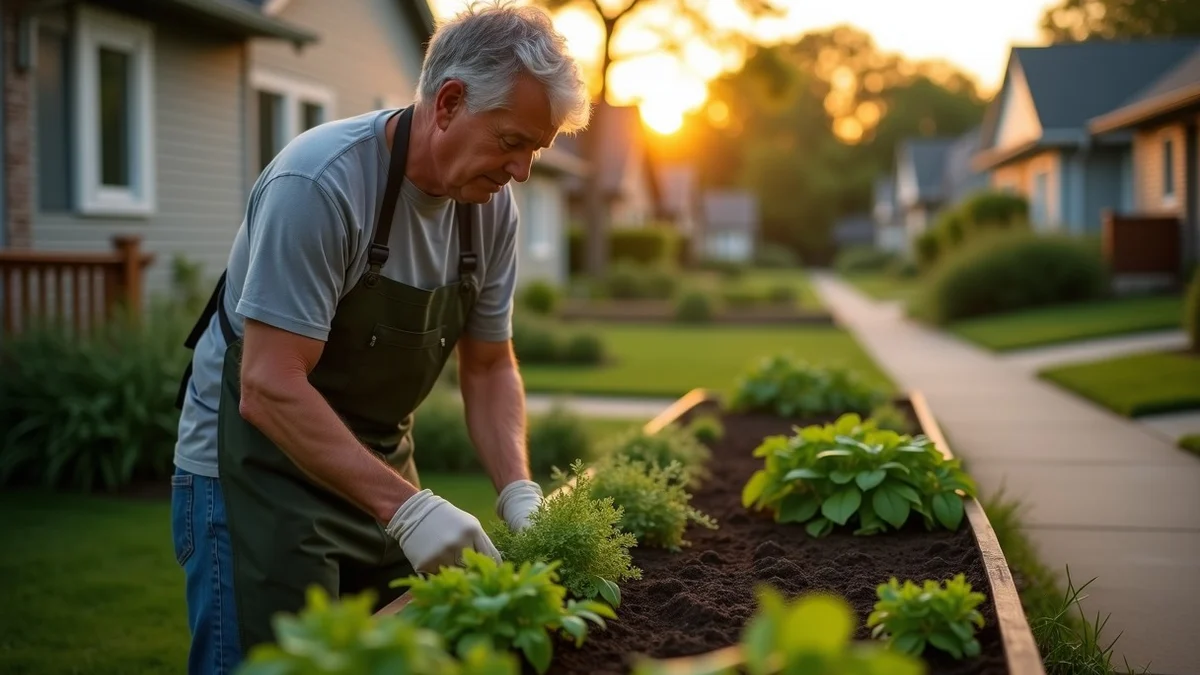 A middle-aged American adult tends herbs in a neighborhood community garden on a weeknight, with modest homes, a sidewalk