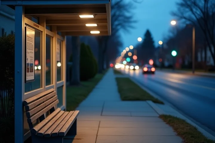 A quiet suburban transit stop with an empty bench and two clean paths leading toward nearby homes and a distant town center