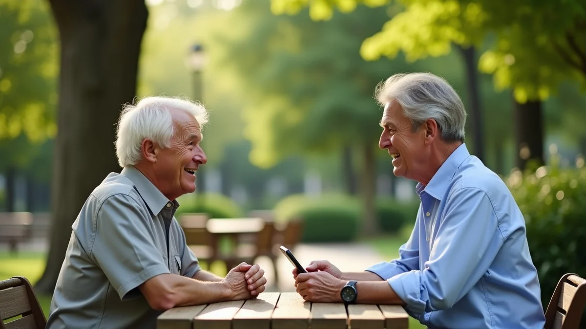 Two middle-aged American adults exchange an easy, attentive conversation at a small table in a quiet public garden