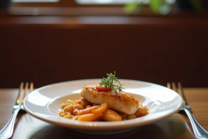 A small plate of unfamiliar food sits between two forks on a modest first-date restaurant table