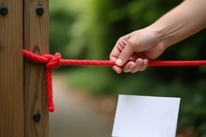 A hand fastens a bright red cord across a closed wooden garden gate while a plain sealed envelope and small evidence box sit safely on a nearby bench