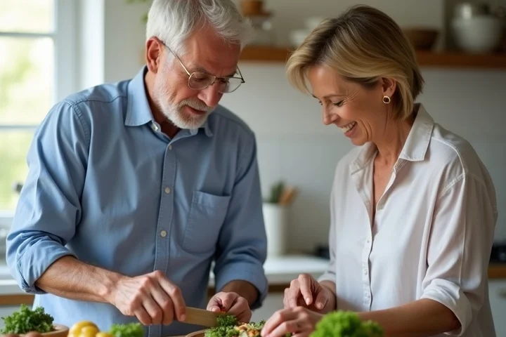 Two middle-aged adults prepare a simple meal together in a bright home kitchen