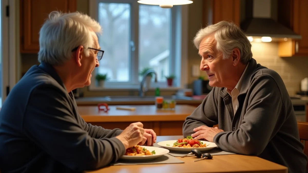 Two middle-aged adults calmly discuss dating boundaries across a small kitchen table while preparing a simple weekday meal